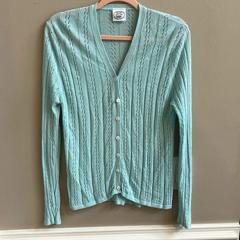 Laura Ashley Pointelle Knit Cardigan Mint Button Long Sleeve Sweater